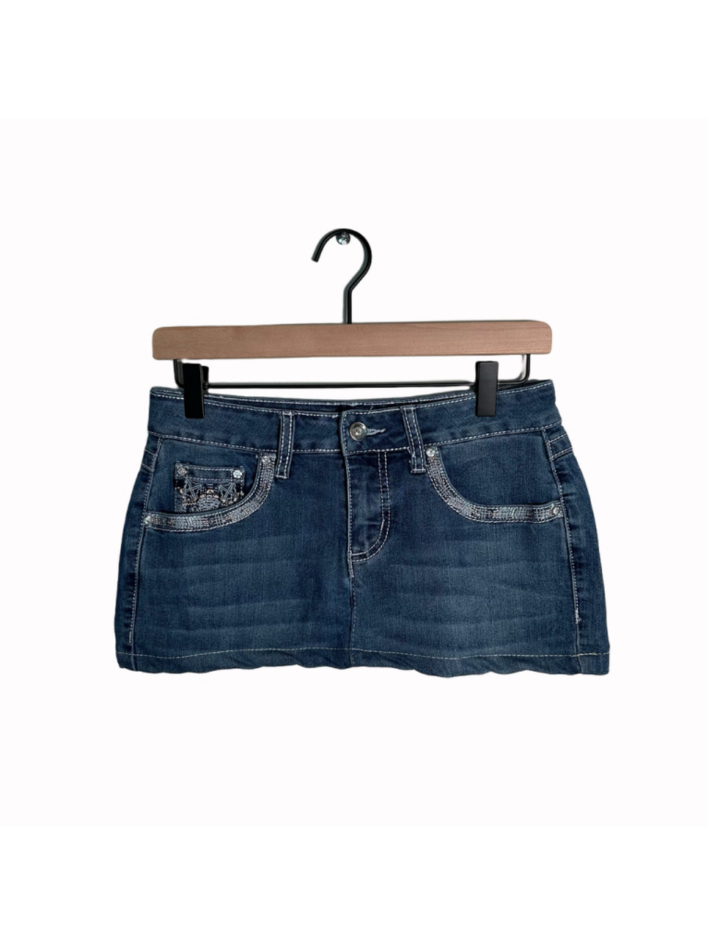 Reworked Cato Y2K Rhinestone Denim Micro Mini Skirt Size 4 | Embellished Low Ris